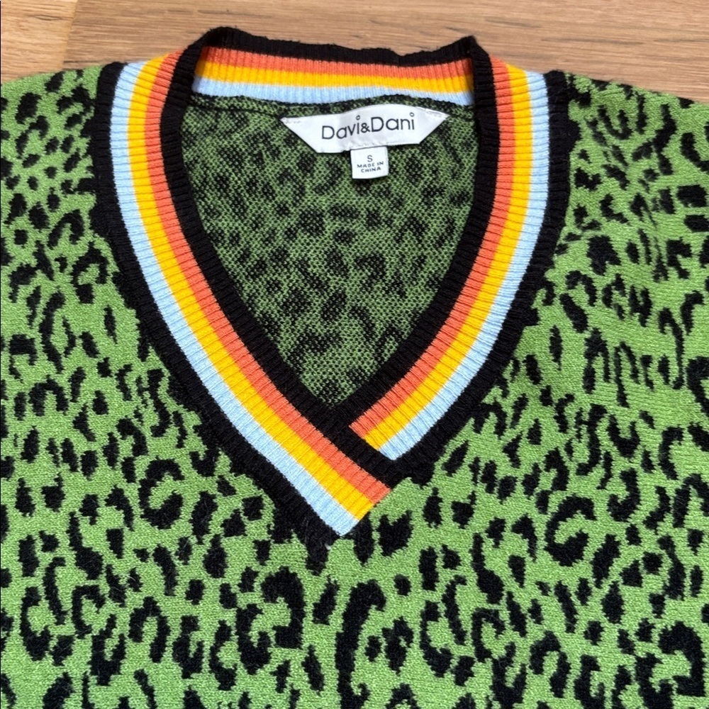 DAVI & DANI Green Leopard Pattern V-Neck Drop Shoulder Boutique Sweater Women S - Picture 4 of 12
